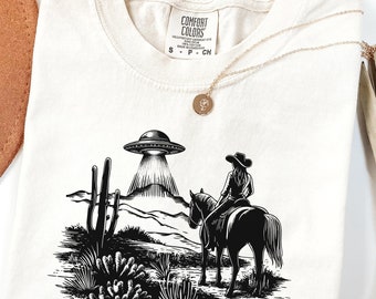 UFO Cowgirl Comfort Colors T-Shirt: Western Alien Abduction Tee