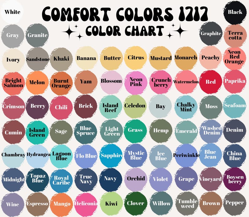 Comfort Colors 1717 Color Chart displaying a wide variety of t-shirt color options. Each color is represented by a circular swatch with a labeled name in bold text. The chart includes neutral shades like White, Black, Gray, and Sandstone, as well as vibrant options like Neon Pink, Bright Salmon, and Lagoon Blue. Earthy tones such as Sage, Hemp, and Terra Cotta are also available.