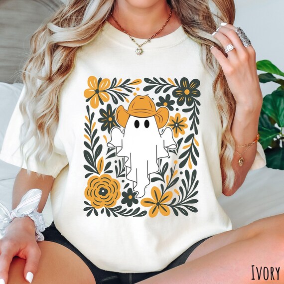 Comfort Colors Cowboy Ghost Tee: Floral Western Halloween Shirt