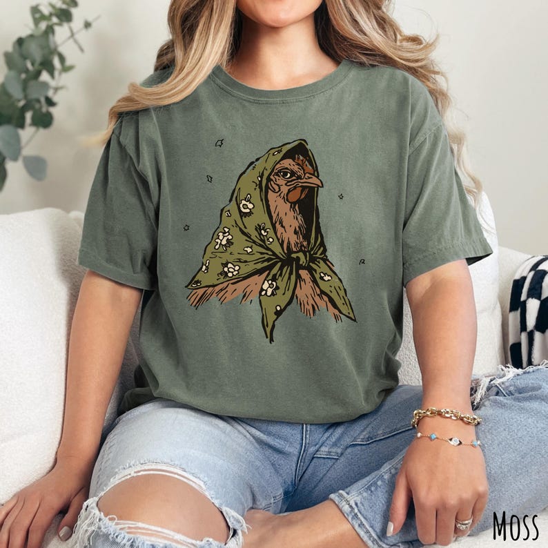 Moss Comfort Colors unisex t-shirt featuring an illustrated hen wearing a green floral headscarf.