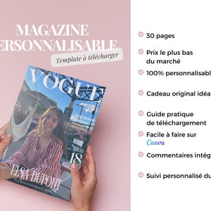 Peut inclure: Un modèle de magazine personnalisable avec un fond rose. Le modèle présente une couverture de magazine Vogue avec une photo d'une femme portant une chemise à rayures rouges et blanches. Le texte sur la couverture indique "VOGUE" et "ELSA DUPONT". Le texte sur le côté droit de l'image énumère les caractéristiques du modèle, notamment 30 pages, un prix bas, 100 % personnalisable, un guide de téléchargement et la possibilité de modifier le modèle sur Canva.