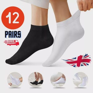 May include: A pair of black and white ankle socks are shown. The image includes the text "12 PAIRS" in a red circle, "FREE DELIVERY" with a red truck icon, and a British flag.
