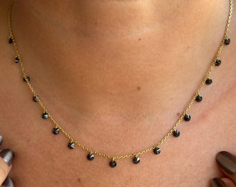 ヴィンテージ ブラック オニキス ビーズネックレス、14K ゴールド装飾 