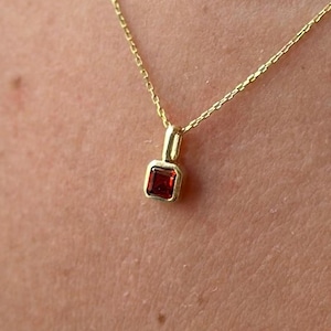 14k Gold Garnet Necklace, Square Cut Red Gemstone Pendant, January Birthstone Jewelry, Minimalist Gift for Her, Dainty Garnet Necklace Women