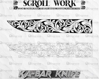 Può includere: Design a scorrimento in bianco e nero per un coltello Ka-Bar. Il design presenta intricati motivi floreali ed è pronto per essere tagliato al laser.