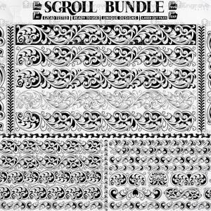 May include: A set of 10 black and white scroll designs for laser cutting. The designs feature intricate floral patterns and are perfect for adding a touch of elegance to your projects.