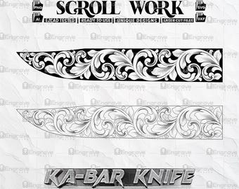 Custom KA-BAR knife decorative scroll work laser engraving design, Scroll files, Knife laser files, Knife scroll files, Knife Ezcad SVG Dxf