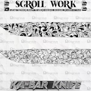 Peut inclure: Illustration numérique en noir et blanc d'un couteau avec un motif décoratif de volutes. Le texte "SCROLL WORK" et "KA-BAR KNIFE" est inclus dans l'image.