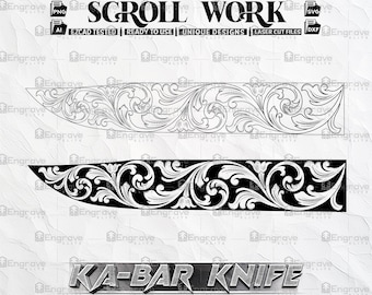 Può includere: Design a volute in bianco e nero per un coltello Ka-Bar. L'immagine include un disegno a tratteggio e un design nero pieno, entrambi con intricati motivi floreali. Il testo in alto recita "SCROLL WORK" e "KA-BAR KNIFE" in basso.