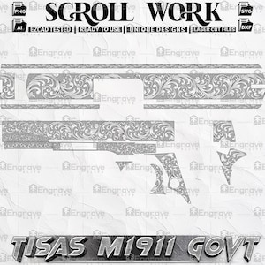 Könnte beinhalten: Ein detailliertes, graustufiges digitales Design für eine Tisas M1911 Govt. Schusswaffe mit komplizierten Rankenmustern. Das Bild enthält den Text "SCROLL WORK", "EZCAD TESTED", "READY TO USE", "UNIQUE DESIGNS" und "LASER CUT FILES".