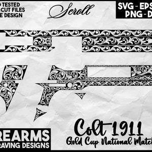 Colt1911 Gold Cup national match scroll work laser engraving design, Scroll files svg dxf ai, Colt 1911 engraving patterns