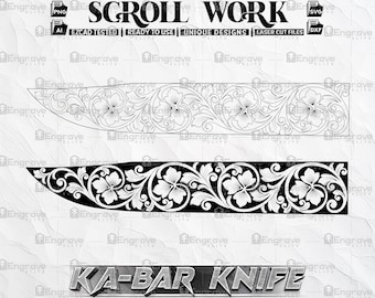 Può includere: Due immagini in bianco e nero di un disegno a volute per un coltello Ka-Bar. Il disegno presenta intricati motivi floreali.