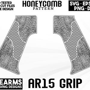 May include: A black and white digital design for an AR15 grip with a honeycomb pattern. The design is labeled "Honeycomb Pattern" and "Firearms Engraving Designs".