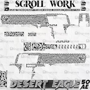 Może przedstawiać: Czarno-biały plik projektu cyfrowego dla pistoletu Desert Eagle 50 AE. Projekt zawiera skomplikowane wzory w postaci zwijanych ornamentów.