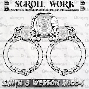 May include: Black and white scrollwork design featuring handcuffs, a police badge, and the text "SERGEANT". The design also includes the text "SMITH & WESSON M100-1". This design is suitable for laser cutting.