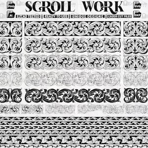 Pode incluir: Uma coleção de designs de scroll work em preto e branco. Os designs incluem várias bordas e padrões ornamentados, adequados para corte a laser. O texto na imagem diz "SCROLL WORK", "EZCAD TESTED", "READY TO USE", "UNIQUE DESIGNS" e "LASER CUT FILES".