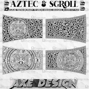 Puede incluir: Diseño digital en blanco y negro con un calendario azteca y un diseño de desplazamiento. El texto "AZTEC & SCROLL" y "AXE DESIGN" se incluye en la imagen.