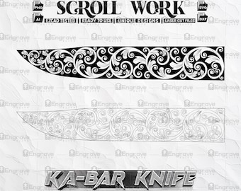 Può includere: Design digitale in bianco e nero di un motivo a volute per un coltello Ka-Bar. Il design è pronto per l'uso per il taglio laser.