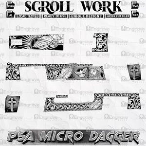 May include: Black and white laser cut files with scrollwork designs. The image includes the text "SCROLL WORK", "EZCAD TESTED", "READY TO USE", "UNIQUE DESIGNS", "LASER CUT FILES", and "PSA MICRO DAGGER". Various decorative elements are shown.