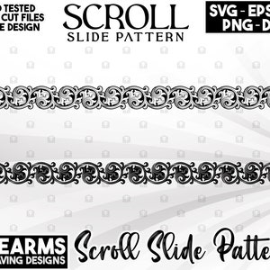 Puede incluir: Diseño de patrón de deslizamiento de desplazamiento en blanco y negro. La imagen incluye el texto "EZCAD TESTED LASER CUT FILES UNIQUE DESIGN" y "FIREARMS ENGRAVING DESIGNS". El diseño está disponible en formatos SVG, EPS, AI, PNG y DXF.
