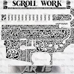 Könnte beinhalten: Ein schwarzweißes digitales Design eines AR-15-Gewehrs mit aufwendigen Schnörkeldetails. Das Design ist mit "SCROLL WORK" beschriftet und enthält den Text "AR 15".