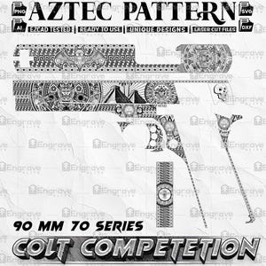 Może przedstawiać: Czarno-biały projekt cyfrowy przedstawiający azteckie wzory na pistolecie Colt Competition 90 mm serii 70. Projekt zawiera geometryczne kształty, piramidy i inne motywy azteckie. Tekst "AZTEC PATTERN" i "90 MM 70 SERIES COLT COMPETITION" jest również zawarty w projekcie.