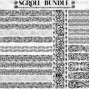 May include: A collection of black and white scroll designs, including borders and decorative elements. The designs feature intricate floral and swirling patterns, suitable for laser cutting or engraving projects. The text "SCROLL BUNDLE" is at the top.