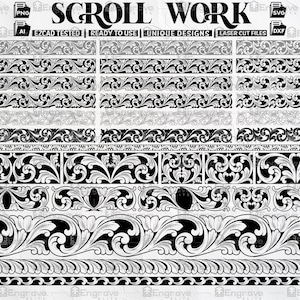 Peut inclure: Plusieurs motifs de volutes en noir et blanc. L'image contient le texte "SCROLL WORK", "EZCAD TESTED", "READY TO USE", "UNIQUE DESIGNS" et "LASER CUT FILES". Ces motifs sont conçus pour la découpe et la gravure laser.