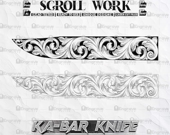 Può includere: Due illustrazioni in bianco e nero di intricati disegni a volute per un coltello Ka-Bar. I disegni sono pronti per l'uso per il taglio laser.