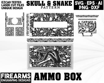 カスタム弾薬箱スクロールワークレーザー彫刻デザイン | 複雑な銃器パターン | 弾薬箱、弾薬缶 SVG の SVG、DXF、AI デジタルファイル