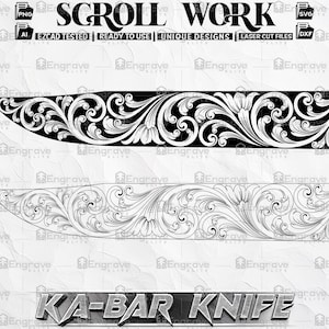 May include: Two black and white line drawings of a knife blade with intricate scrollwork designs. The text "SCROLL WORK" and "KA-BAR KNIFE" are also included in the image.