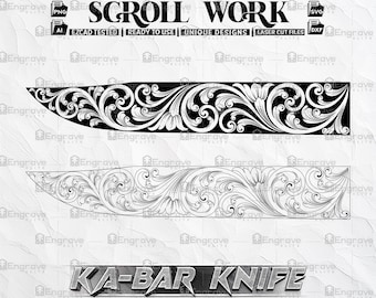 Può includere: Due disegni in bianco e nero di una lama di coltello con intricati motivi a volute. Il testo "SCROLL WORK" e "KA-BAR KNIFE" è incluso anche nell'immagine.