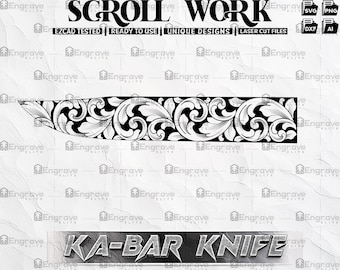 Può includere: Disegno di arte di linea in bianco e nero di un motivo a volute con il testo "KA-BAR KNIFE" sotto. Il design è adatto per il taglio laser.