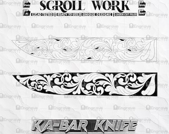 Può includere: Disegno di arte di linea in bianco e nero di un motivo a volute per un coltello Ka-Bar. Il design presenta intricati dettagli floreali ed è pronto per essere utilizzato per il taglio laser.