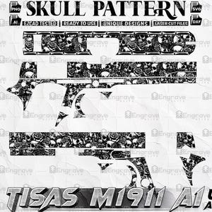 Custom Tisas M1911 A1 USA Army firearm laser engraving design, rose and skull pattern design laser engraving files, Stippling pattern SVG Ai