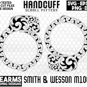 May include: Black and white line art design of a pair of handcuffs with a scroll pattern. The design includes the text "HANDCUFF SCROLL PATTERN" and "FIREARMS SMITH & WESSON M100-1 ENGRAVING DESIGNS".
