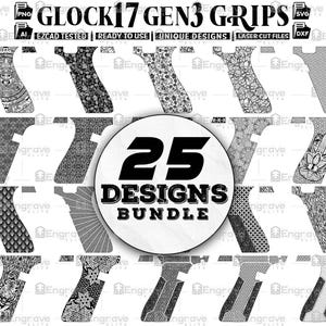 Puede incluir: Un conjunto de 25 diseños imprimibles para empuñaduras de pistola Glock 17 Gen 3. Los diseños son en blanco y negro y presentan varios patrones, incluyendo florales, geométricos y abstractos.