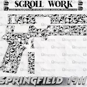 Custom Springfield1911 firearm scrollwork pattern laser engraving files, Scroll files, Metal laser files SVG ai png, Springfield gun design