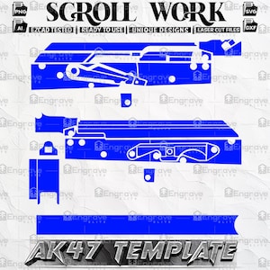 以下が含まれることがあります： 画像には、「SCROLL WORK」と「AK47 TEMPLATE」という文字が入った青いAK47テンプレートデザイン。 このデザインはレーザーカットファイル用で、すぐに使用できます。