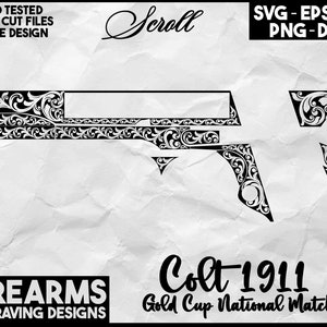 Colt1911 Gold Cup National match scroll work laser engraving design, Colt1911 scroll firearms designs, laser engraving design