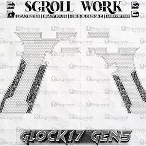 Könnte beinhalten: Digitales Design für eine Glock 17 Gen 5, mit detailliertem geometrischen Muster. Das Design enthält den Text "SCROLL WORK" und "GLOCK 17 GENS". Das Bild zeigt auch Dateityp-Symbole wie PNG, SVG, AI und DXF.