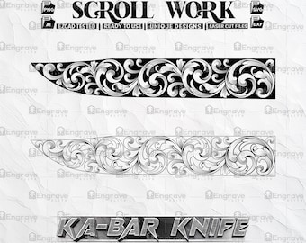 Può includere: Due immagini in bianco e nero di disegni a volute per un manico di coltello. Il testo "SCROLL WORK" è in alto nell'immagine. Il testo "KA-BAR KNIFE" è in basso nell'immagine.