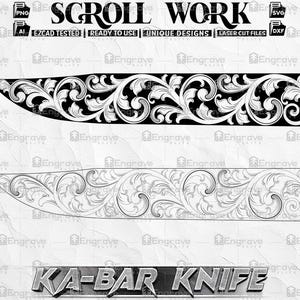 May include: A black and white digital illustration of two scrollwork designs for a Ka-Bar knife. The designs feature intricate floral patterns.