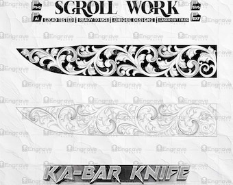 Può includere: Un'illustrazione digitale in bianco e nero di due disegni a volute per un coltello Ka-Bar. I disegni presentano intricati motivi floreali.