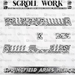 以下が含まれることがあります： Springfield Arms Hellcatの白黒スクロールワークデザイン。画像には「SCROLL WORK」、「EZCAD TESTED」、「READY TO USE」、「UNIQUE DESIGNS」、「LASER CUT FILES」の文字が含まれています。