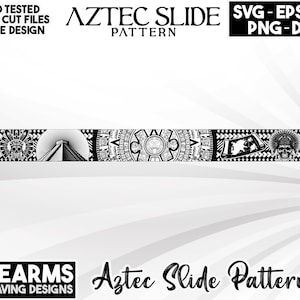 May include: Black and white digital design featuring an Aztec slide pattern with a pyramid, a sun, and a skull. The design includes the text "Aztec Slide Pattern".