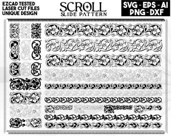 Custom scroll slide pattern laser engraving design, firearms scroll laser art, scroll SVG files, scroll pattern, vector scroll file Ai DXF