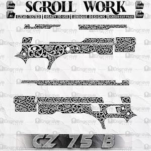 Puede incluir: Diseño de volutas en blanco y negro para un CZ 75 B. La imagen muestra varios archivos de corte láser con patrones florales y de volutas. El texto incluye "SCROLL WORK", "READY TO USE" y "UNIQUE DESIGNS".