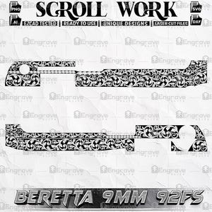 Può includere: Design a volute in bianco e nero per una Beretta 9mm 92FS. L'immagine include il testo "SCROLL WORK", "EZCAD TESTED", "READY TO USE", "UNIQUE DESIGNS" e "LASER CUT FILES".