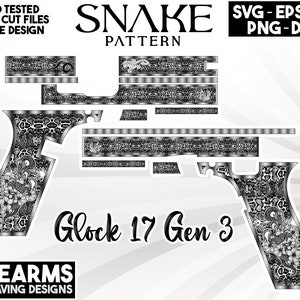 May include: A black and white digital design for a Glock 17 Gen 3 handgun with a snake pattern. The design is labeled "Snake Pattern" and includes the text "EZCAD Tested, Laser Cut Files, Unique Design".